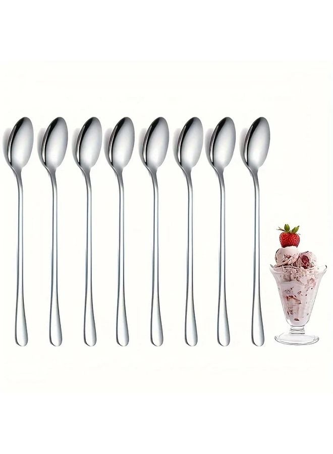 10pcs Silvery Stainless Steel Long Handle Spoons Set Dishwasher Safe Kitchen Utensils - Image 2